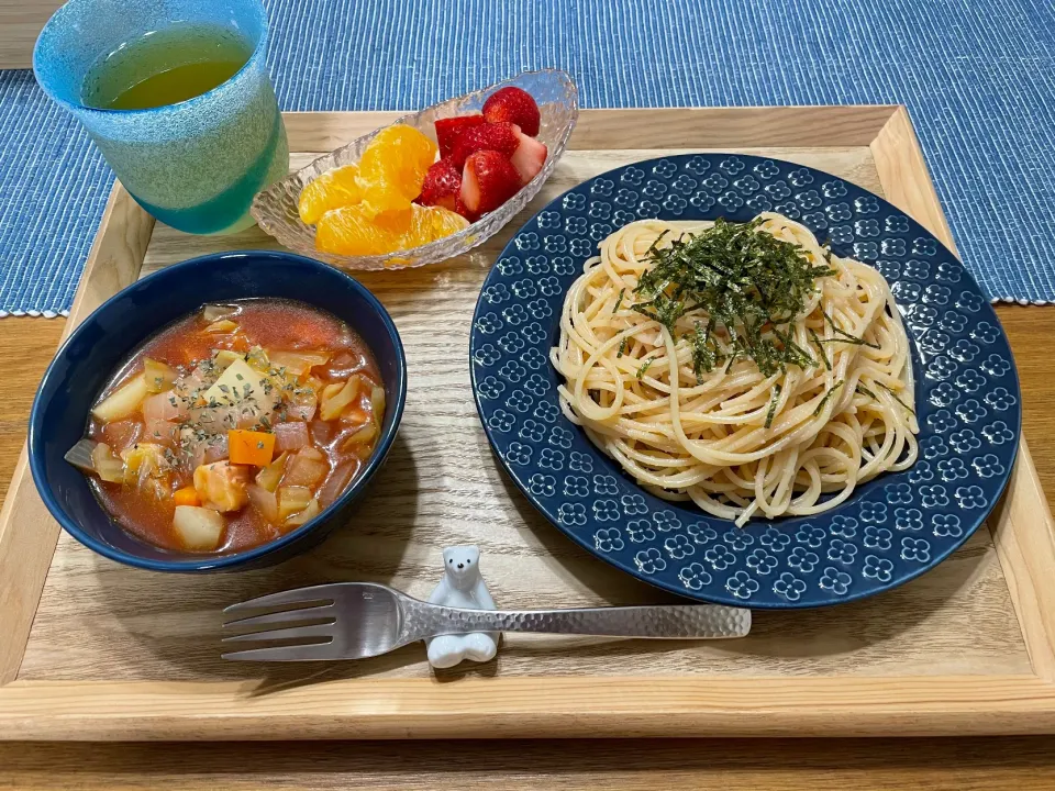 2021.03.05 🍝たらこスパゲッティ🍅ミネストローネ🍊デコポンといちご|みなみさん