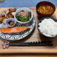 Snapdishの料理写真:2021.03.10 🐟鮭🥬小松菜のお浸し🦑さつま揚げ🍄えのきと油揚げの赤だし味噌汁|みなみさん