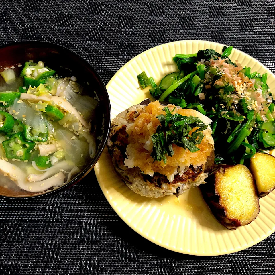 夕食☆和風おろしナスバーグ☆ほうれん草ときゅうりの和え物☆白菜のスープ|Manaさん