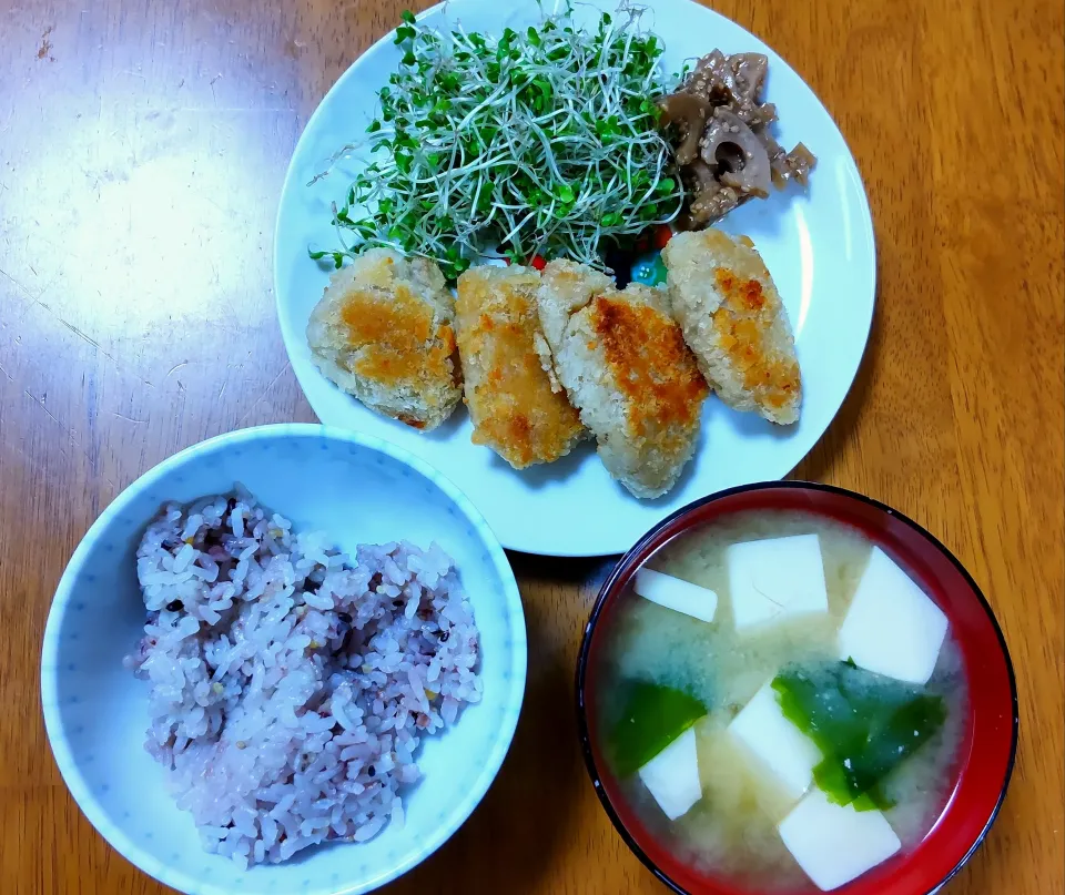 ３月８日　マグロの漬けカツ　サラダ　豆腐とわかめのお味噌汁|いもこ。さん