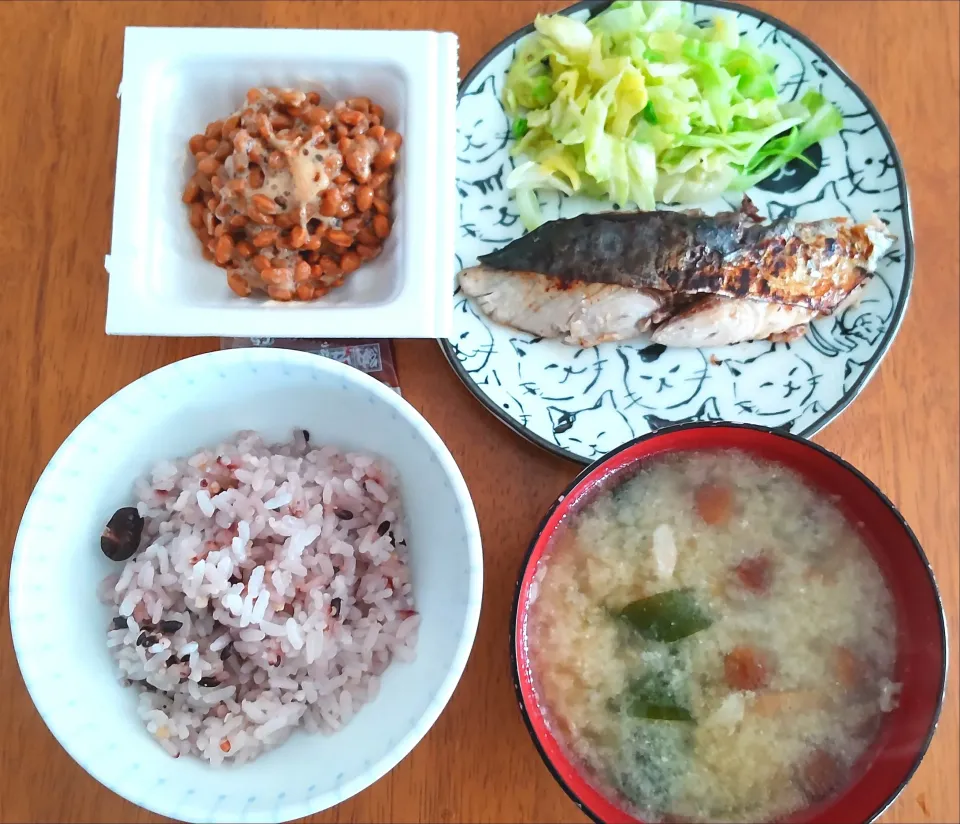 ３月１０日　鰆の塩焼き　キャベツのナムル　納豆　なめことわかめのお味噌汁|いもこ。さん