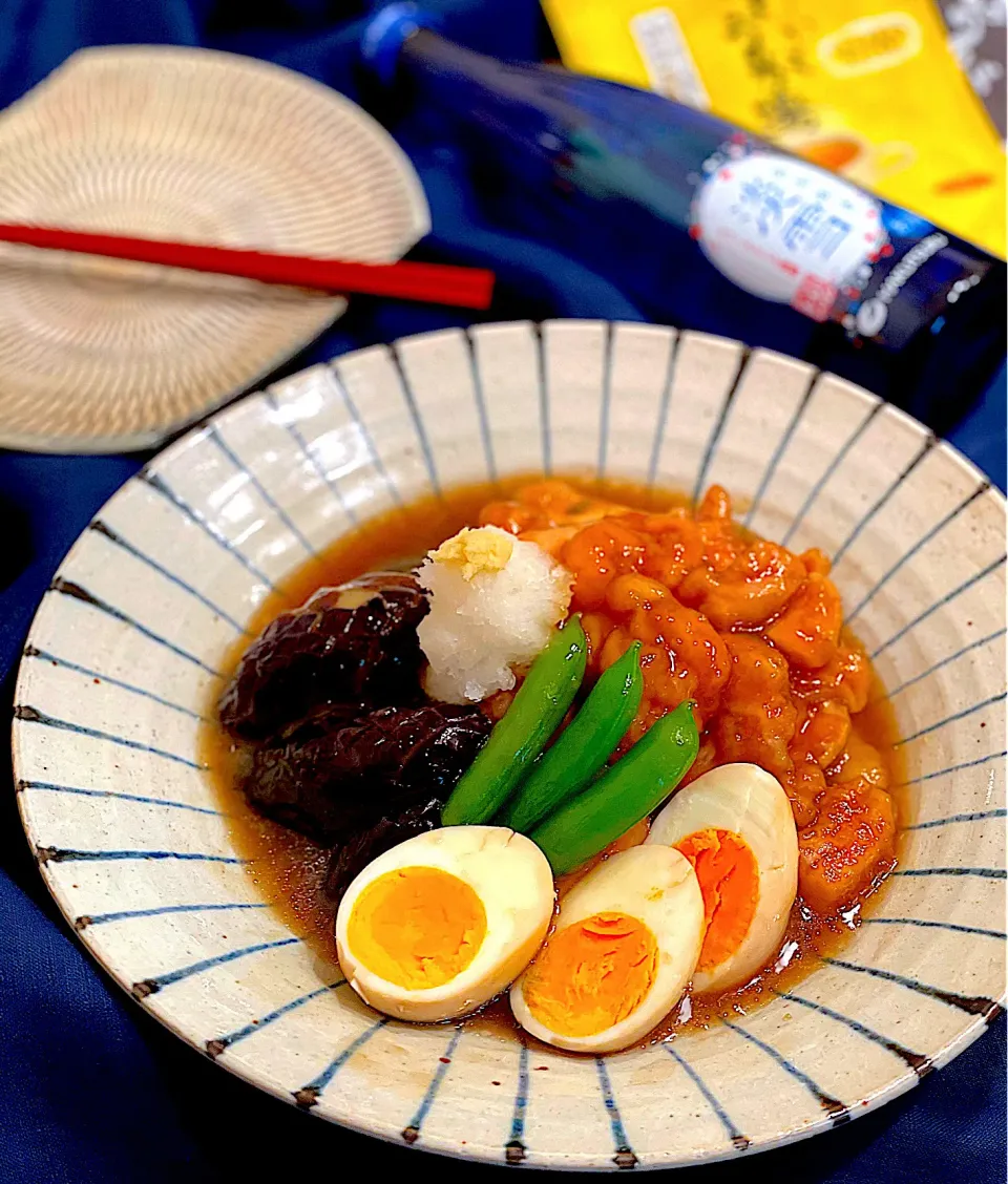 玉露園さんのから〜いしょうが湯で鶏肉の治部煮(*˘ᗜ˘*)鶏肉は甘酒に漬けておいてふんわり💕煮汁はトロトロ💕めっちゃ美味しいよ😋|AXさん