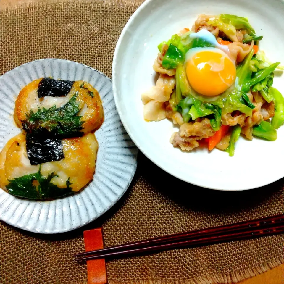 Snapdishの料理写真:餅入り蓮根もちの磯辺焼きと回鍋肉の玉子のっけ|真希さん