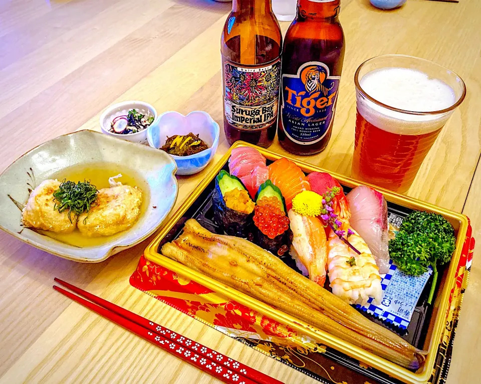 今日の夕食　にぎり寿司　胡麻豆腐の揚げ出し　白和え　もずく酢|ふわ猫はなちゃんさん