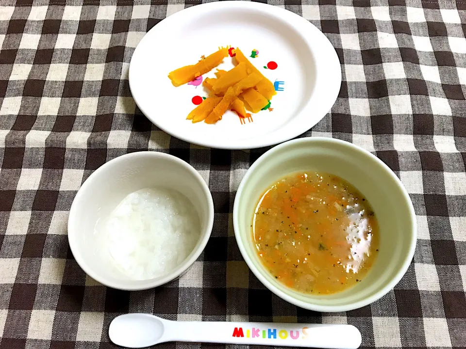 【離乳食】麩入り野菜スープ、かぼちゃ、7倍がゆ|sayaさん