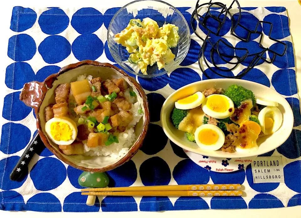 ✳︎ルーロー飯✳︎ポテトサラダ✳︎ツナとブロッコリーのマヨ醤油焼|syamさん