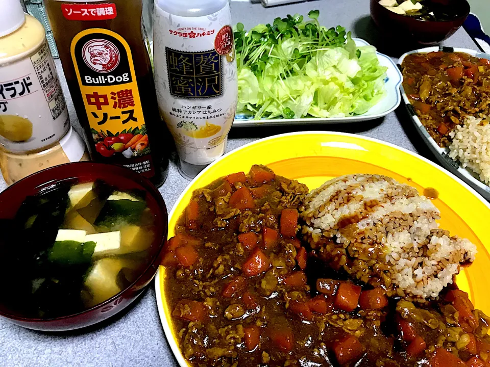 Snapdishの料理写真:ハチミツはカレーの方にソースはご飯の方にかける派です(なるべくパーム油を使っていないものを選んでおります) #夕飯 ロウカット玄米挽肉人参カレーライス、レタス豆苗サラダ、豆腐わかめ昆布味噌汁|ms903さん