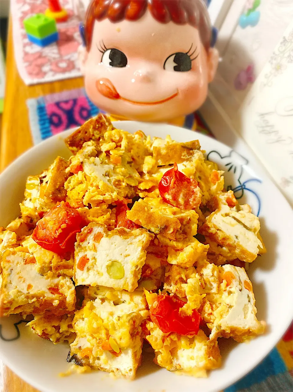 Snapdishの料理写真:野菜厚揚げで一味違った♡ミニトマトと厚揚げの中華風たまご炒め。|ぽき。さん