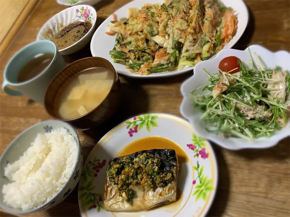 鯖の分葱醤油かけ・水菜サラダ・分葱チヂミ・味噌汁・ご飯|ちびろ菌さん