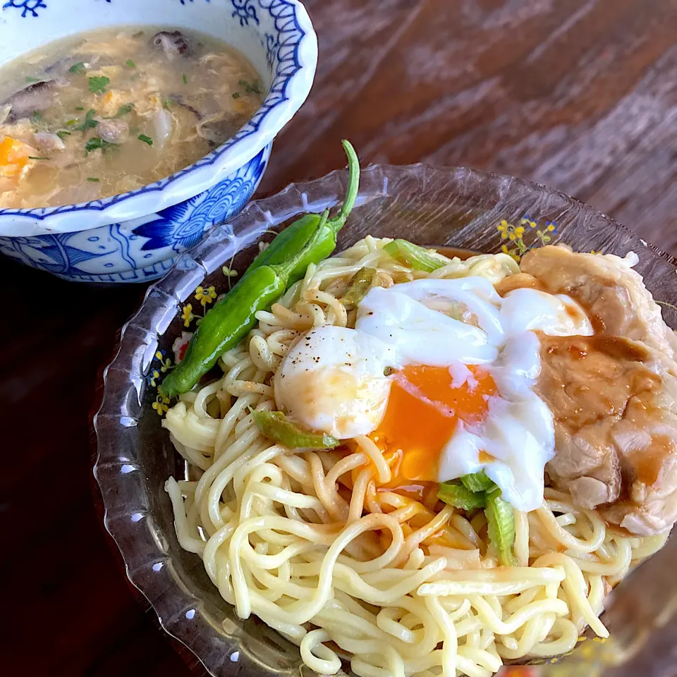 Snapdishの料理写真:棒棒鶏涼風麺と中華玉子スープ|Kさん