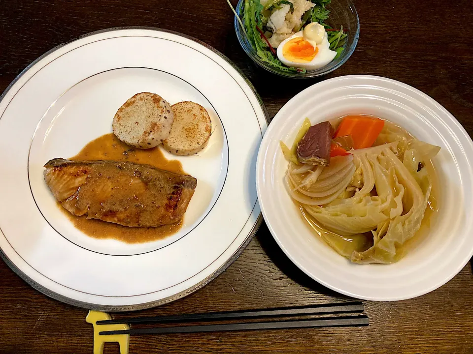 ブリの味噌煮、山芋ステーキ、サラダ、ポトフ|カドラさん