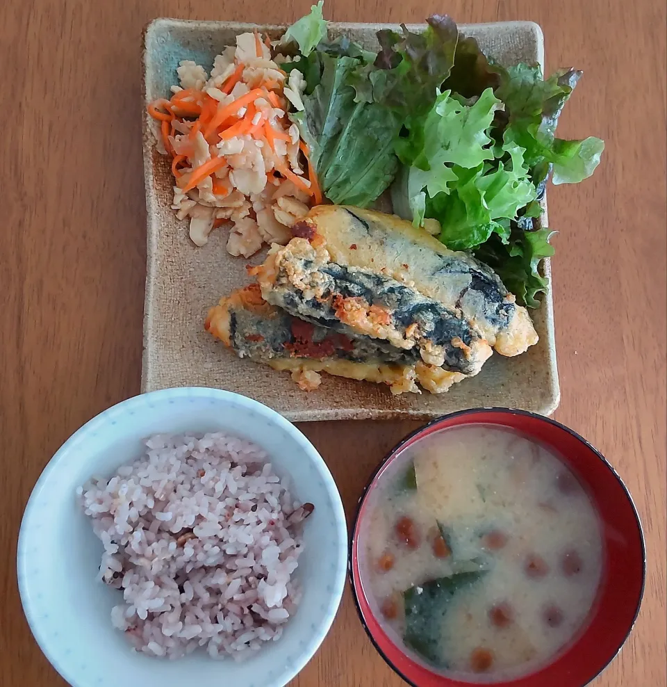 ３月１４日　海苔チーズ鶏天　打ち豆とにんじんの甘酢和え　なめことわかめのお味噌汁|いもこ。さん