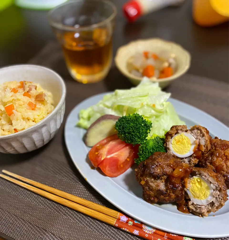 うずら肉団子　大豆の煮物　カレー炊き込みご飯|ちぐあささん