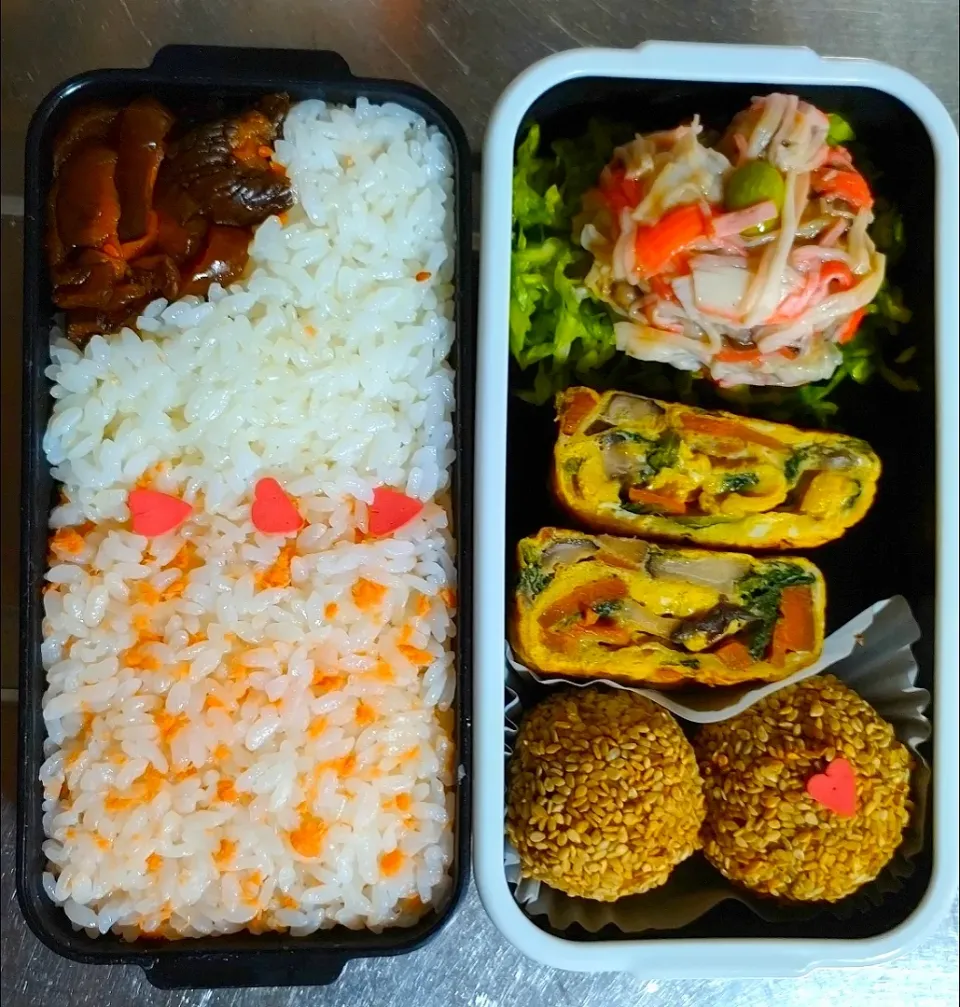 旦那弁当　2021/3/27

カニカマシュウマイ
ほうれん草としいたけの玉子焼き
かぼちゃのごま団子|ユキヨメ♪さん