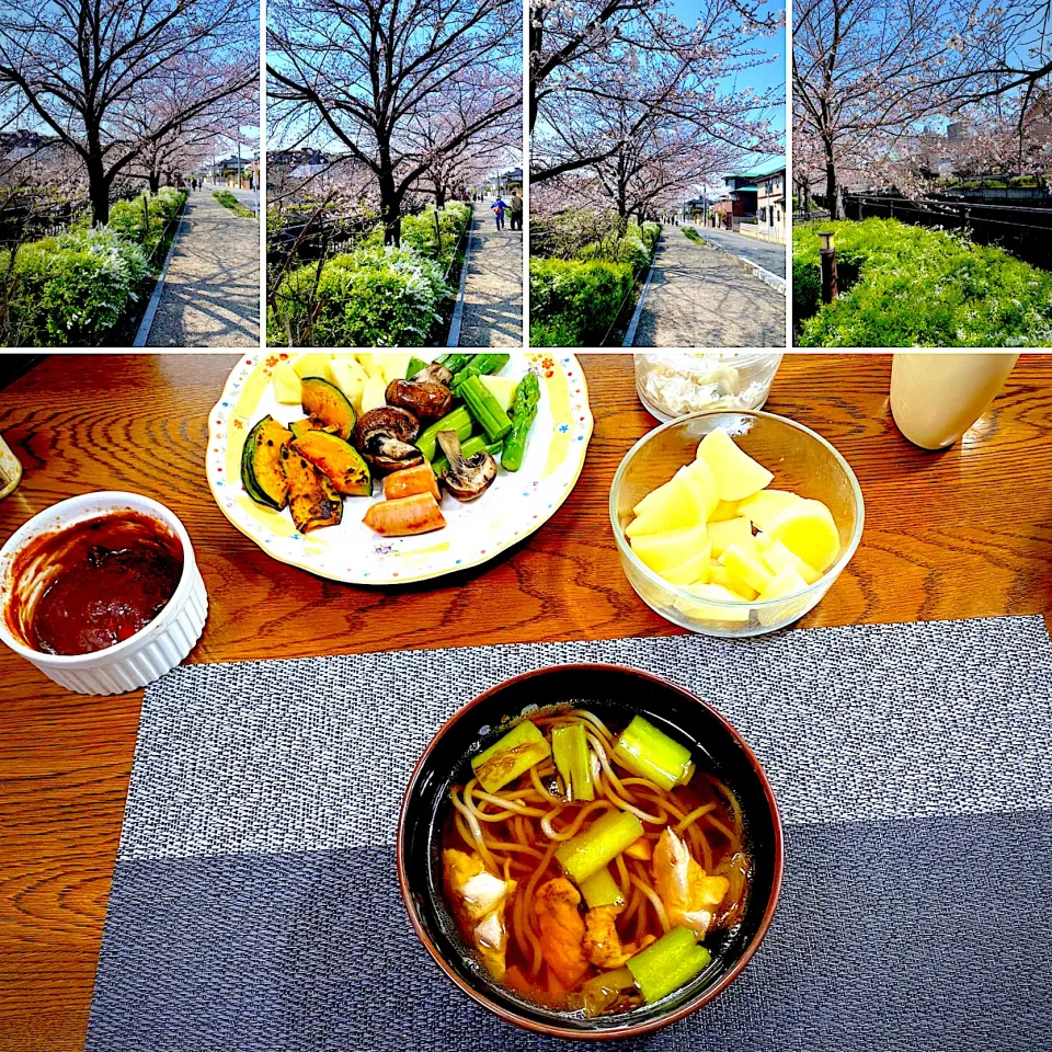 鶏南蛮蕎麦、チーズフォンデュの具材残りと、前日🌸巡りの山崎川の桜|yakinasuさん