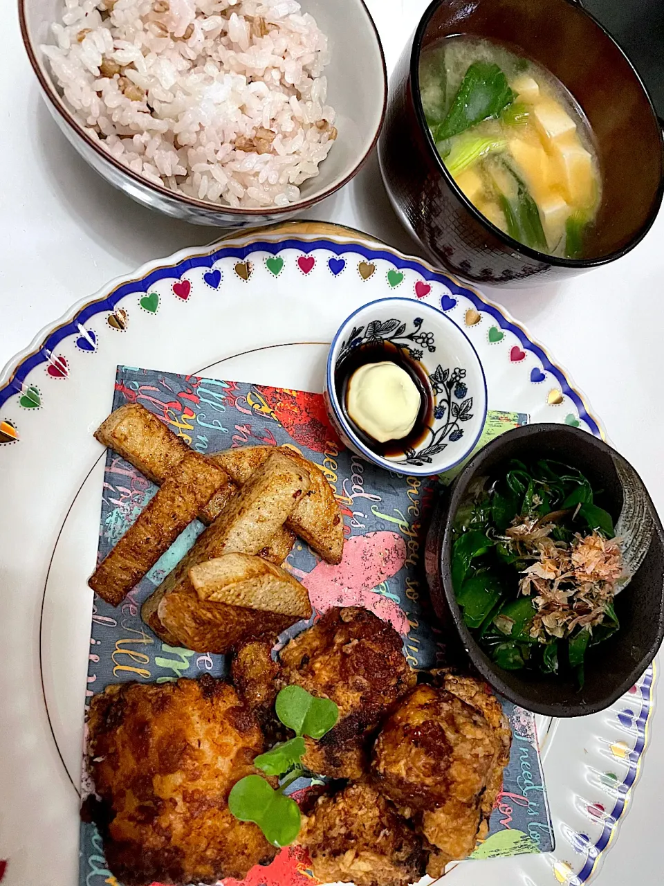 鶏胸肉の唐揚げ、長芋のフライドポテト、葉玉ねぎのお味噌汁、葉玉ねぎのお浸し|まり＊さん