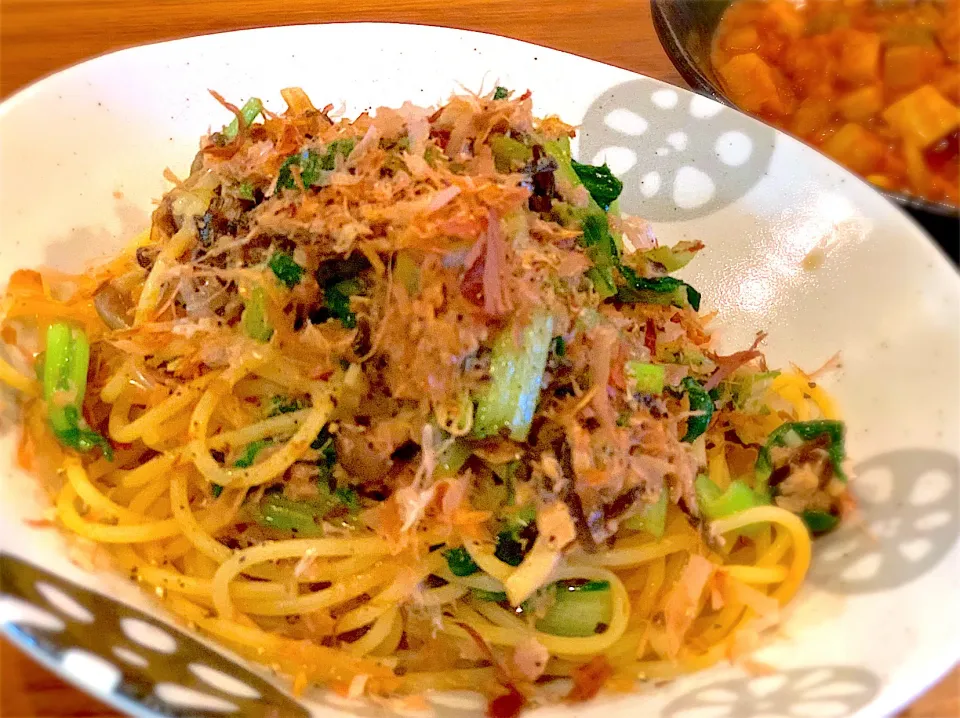 小松菜とツナのポン酢パスタ|ふくすけ食堂さん