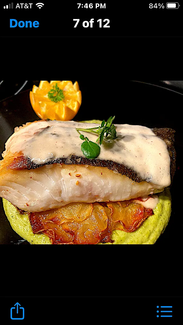 Seared Halibut with a Bacon Shallot Emulsion over Potato Galette and Broccoli Purée|Christine pavelkaさん