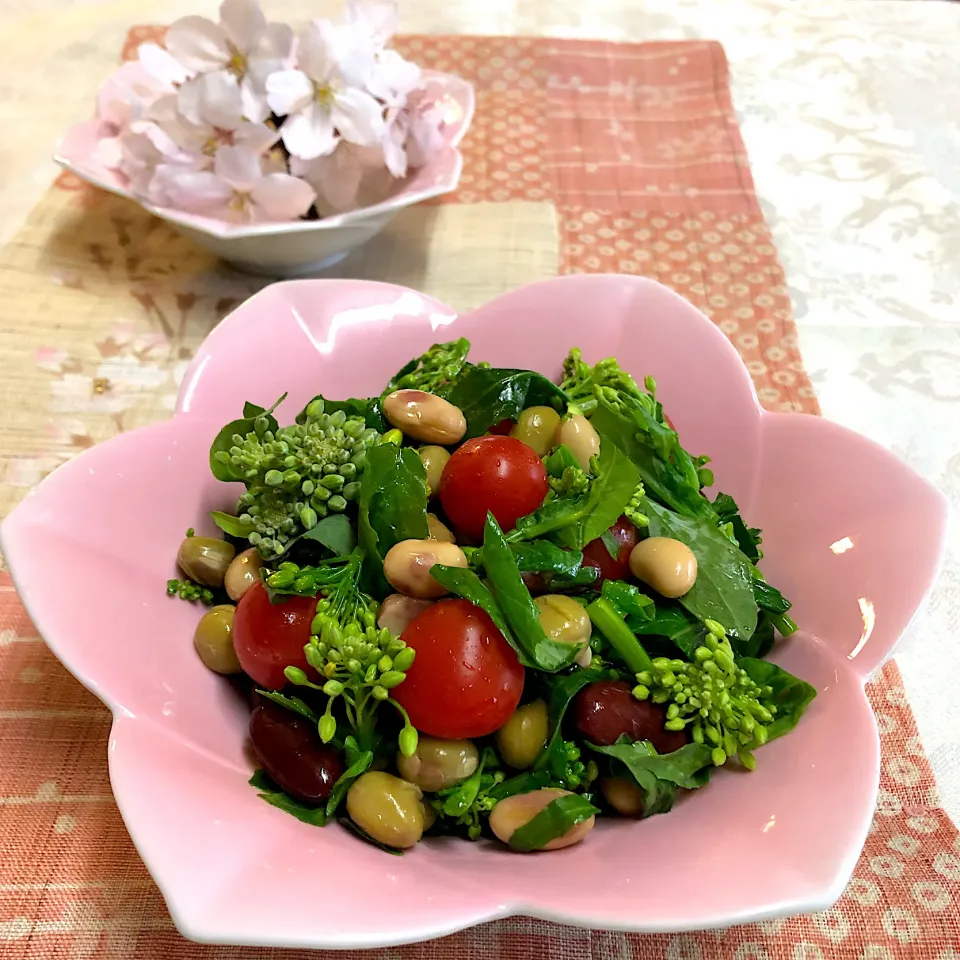 Snapdishの料理写真:なばな🌼ミックスビーンズえごまオイル和え🌸|henryさん