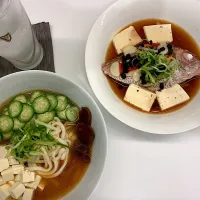 Snapdishの料理写真:冷や汁烏龍麵+豆豉蒸魚|Rick Linさん