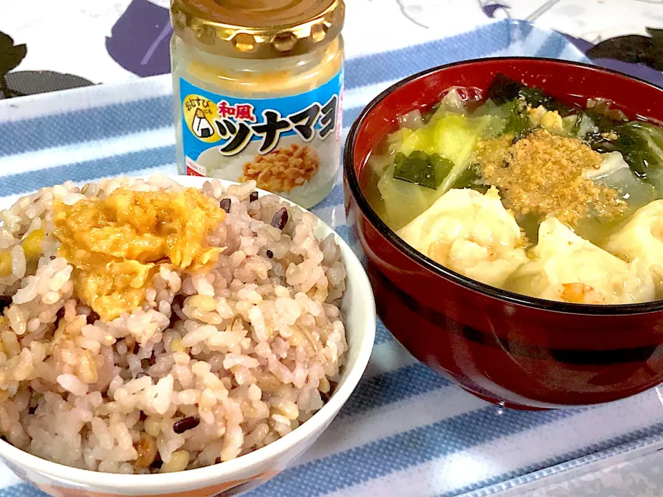 もち麦雑穀ごはん/ツナマヨ/海老焼売入り味噌汁|チャコ姫さん