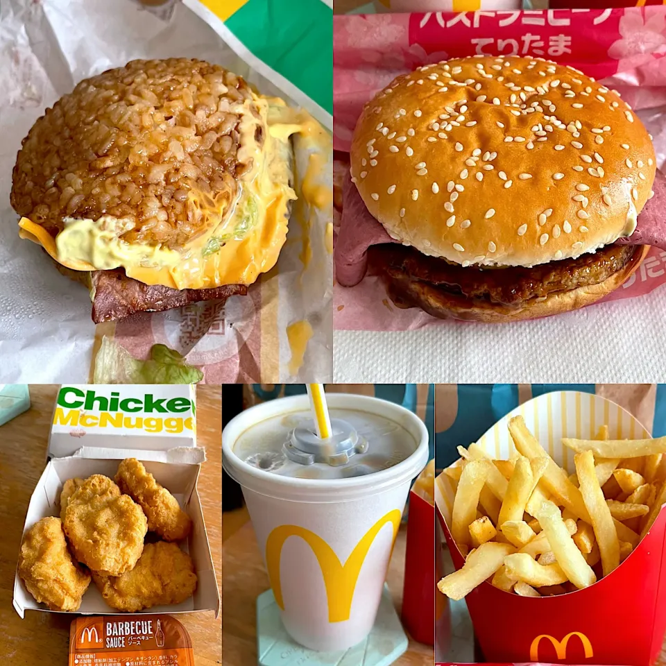 バストラミビーフてりたまバーガー🍔ごはんベーコンレタスバーガー🍔ポテト🍟ナゲット🥤アイスコーヒー|るみおんさん