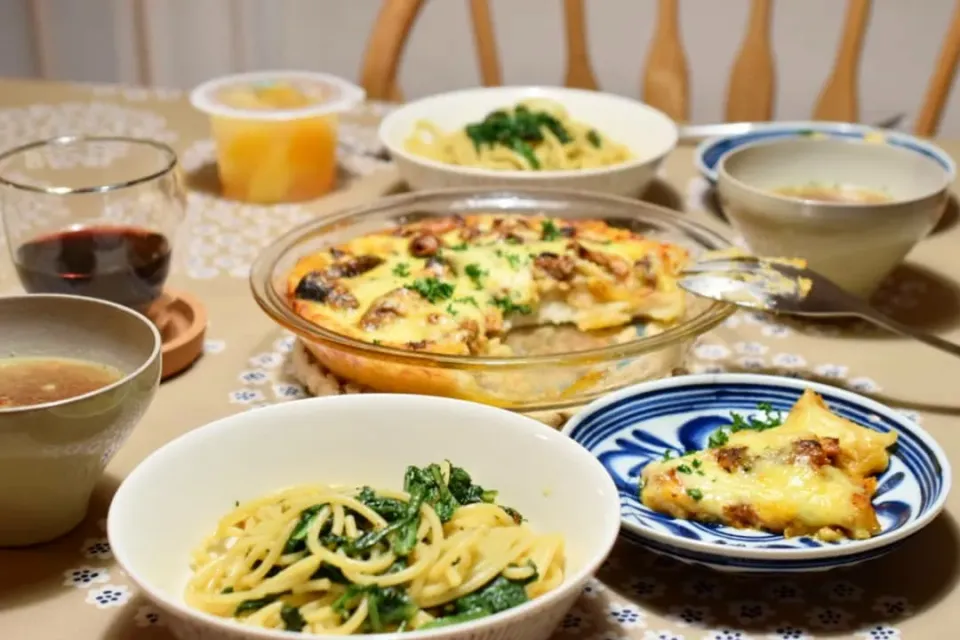 マイワシとポテトのグラタンと春菊パスタ|うにんぱすさん