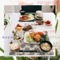 Snapdishの料理写真:#お昼ご飯#鯵フライ#鯵南蛮漬け#里芋のお味噌汁#お取り寄せ「寄鳥味鳥の骨付きモモ肉」|みすてりあすゆっこさん