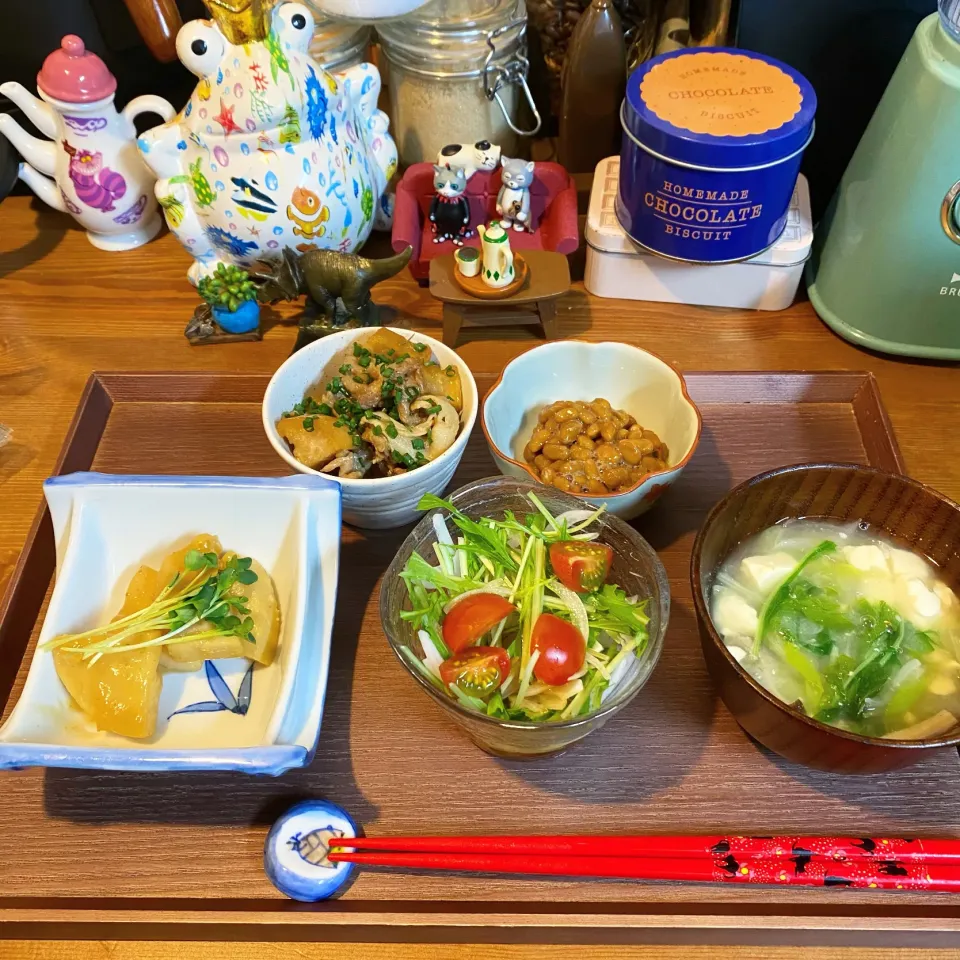 Snapdishの料理写真:・筍の山椒味噌和え・新たまポン酢・海老出汁のお味噌汁・豚肉と大根の照り煮|まぁちゃんさん