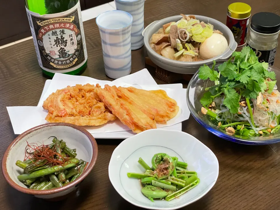 お家飲み。こごみのお浸し、いんげんの金平、春雨サラダ、もつ煮と天ぷらは近所の商店街で。|MAYUKOさん