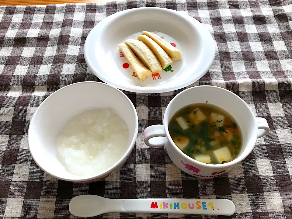 【離乳食】野菜と豆腐のスープ、バナナ、7倍がゆ|sayaさん