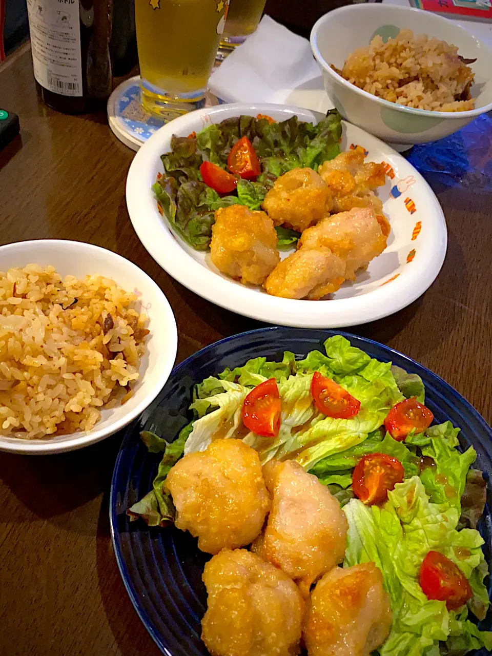 フライドチキン🍗　サラダ🥗　生姜ドレッシング　キノコごはん🍚　アイス緑茶🍹|ch＊K*∀o(^^*)♪さん