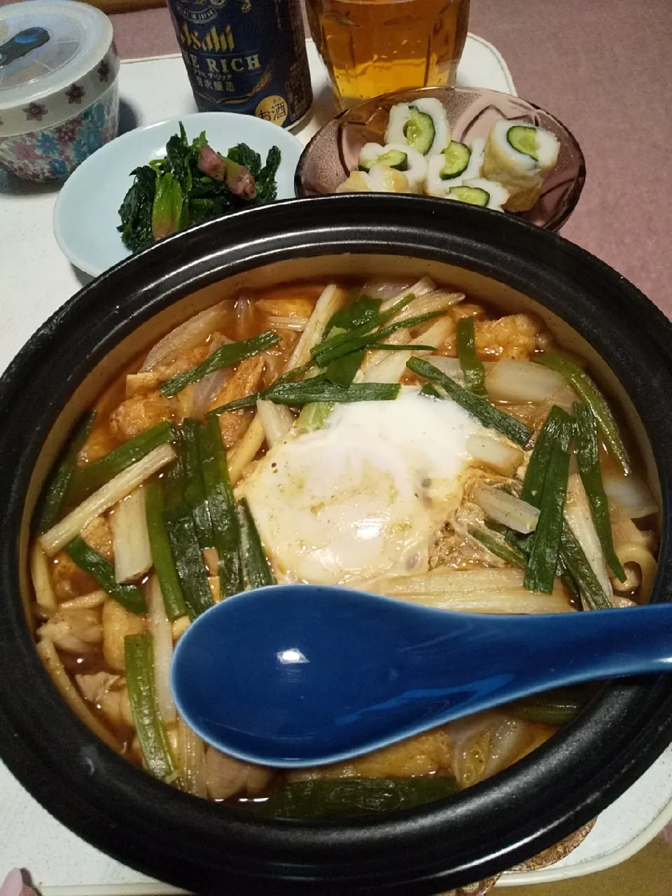 Snapdishの料理写真:今日の晩御飯
※味噌煮込みうどん
※きゅうりちくわ
※ほうれん草
※ビール|れあMIXさん