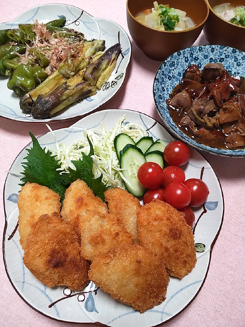 ☆今日の晩ごはん☆　白身魚フライ　焼き茄子　鶏の肝甘辛煮　お味噌|hamamaさん