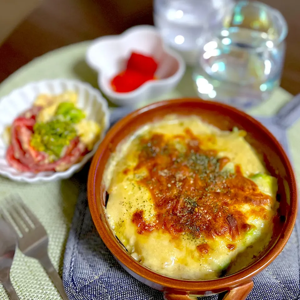 4/8晩ご飯：味噌漬け鮭の豆乳グラタン|ななみんさん