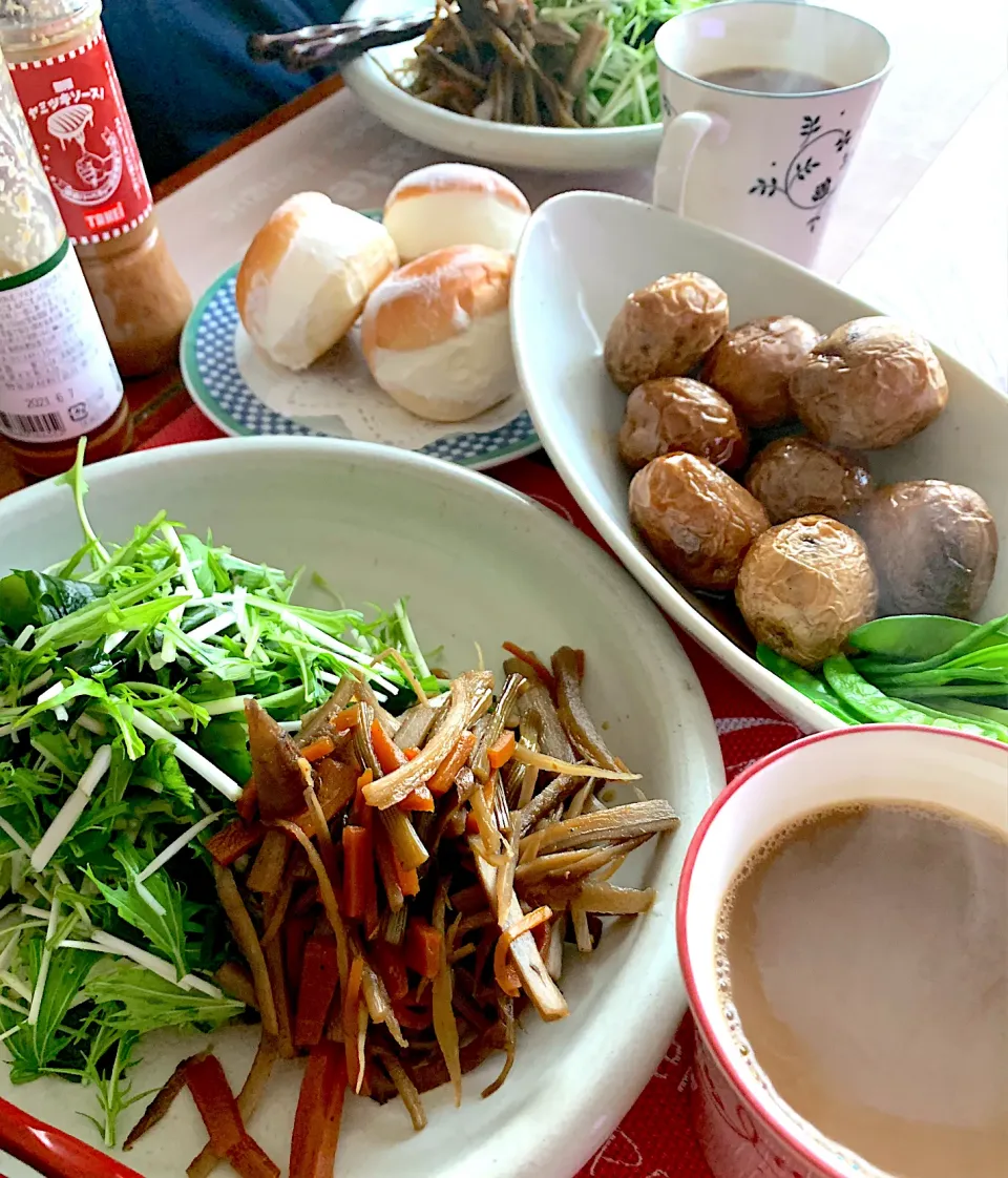 水菜とわかめのきんぴらごぼうサラダの朝ごはん|シュトママさん