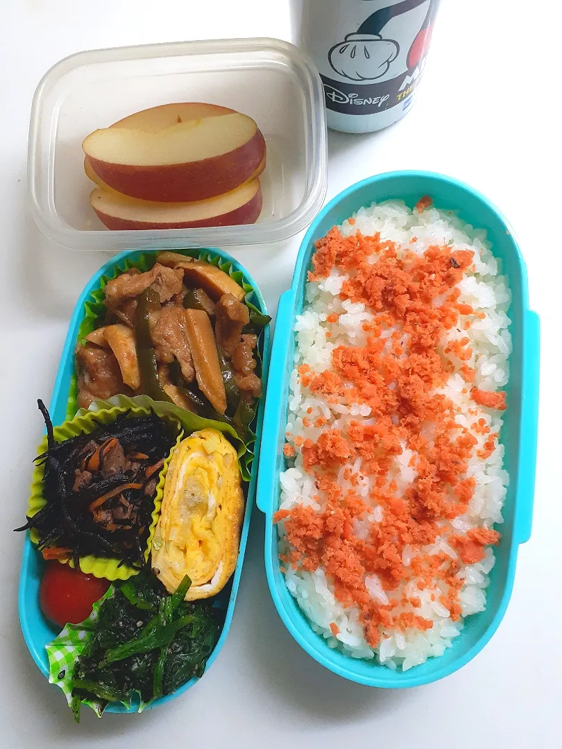 ☆中学生初弁当☆鮭ごはん、ほうれん草ごま和え、ミニトマト、ひじき煮物、青椒肉絲、ｼﾗｽ葱卵焼き、リンゴ|ｼｮｺﾗさん