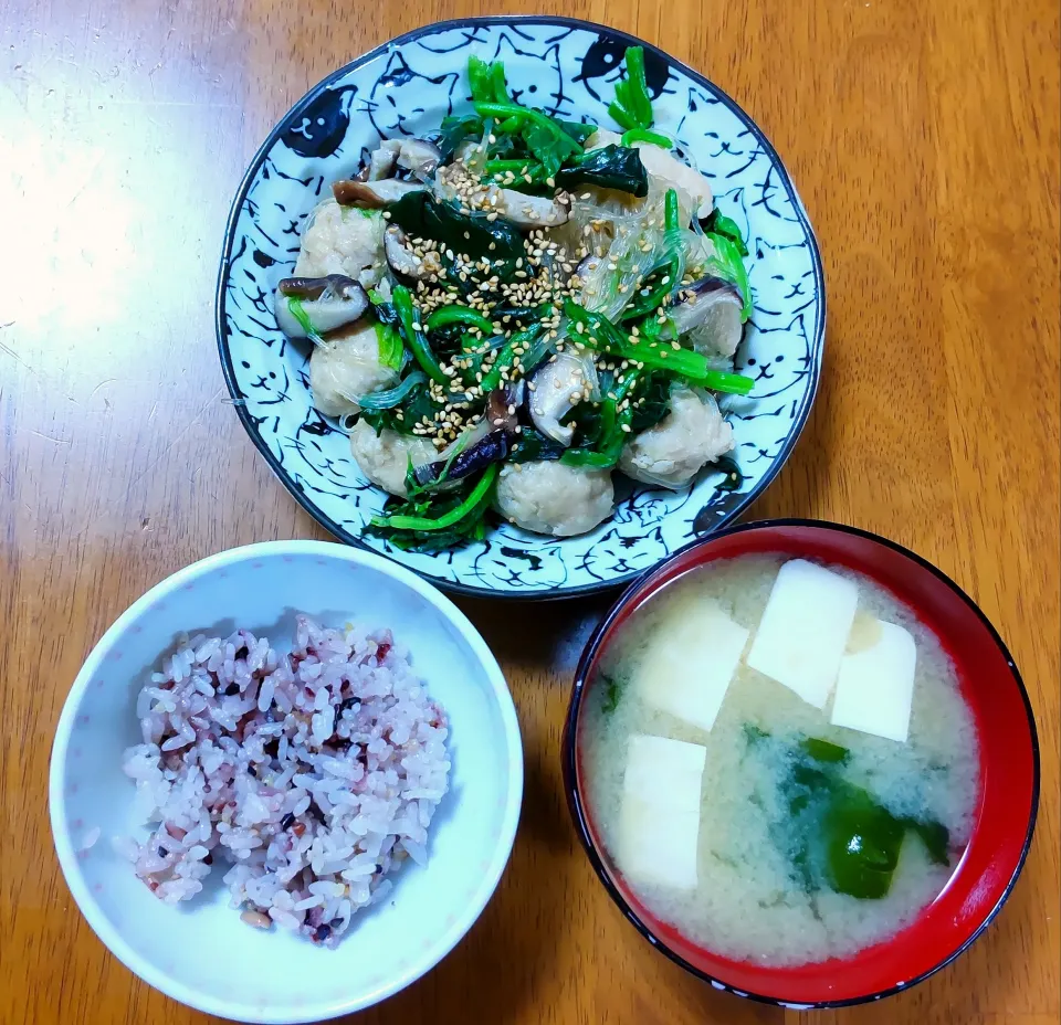 Snapdishの料理写真:３月２２日　鶏団子と春雨の中華煮　豆腐とわかめのお味噌汁|いもこ。さん