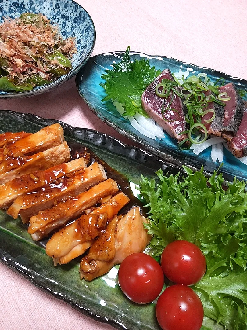 ☆今日の晩ごはん☆　鶏むね肉の照り焼き　鰹のたたき|hamamaさん