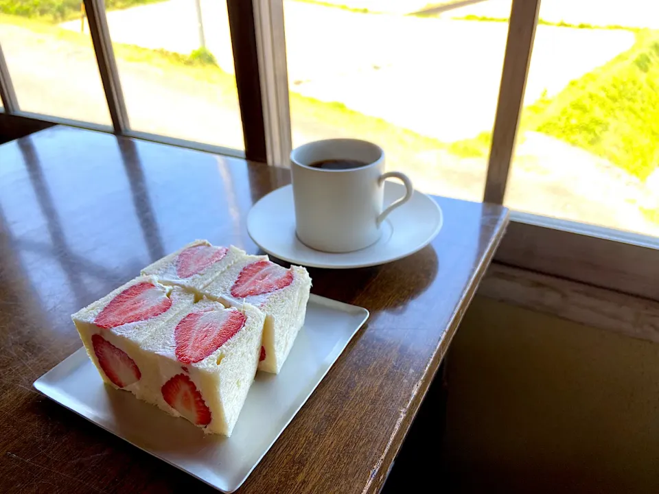 Snapdishの料理写真:コーヒーさんの苺の🍓フルーツサンド|かおり🐰さん