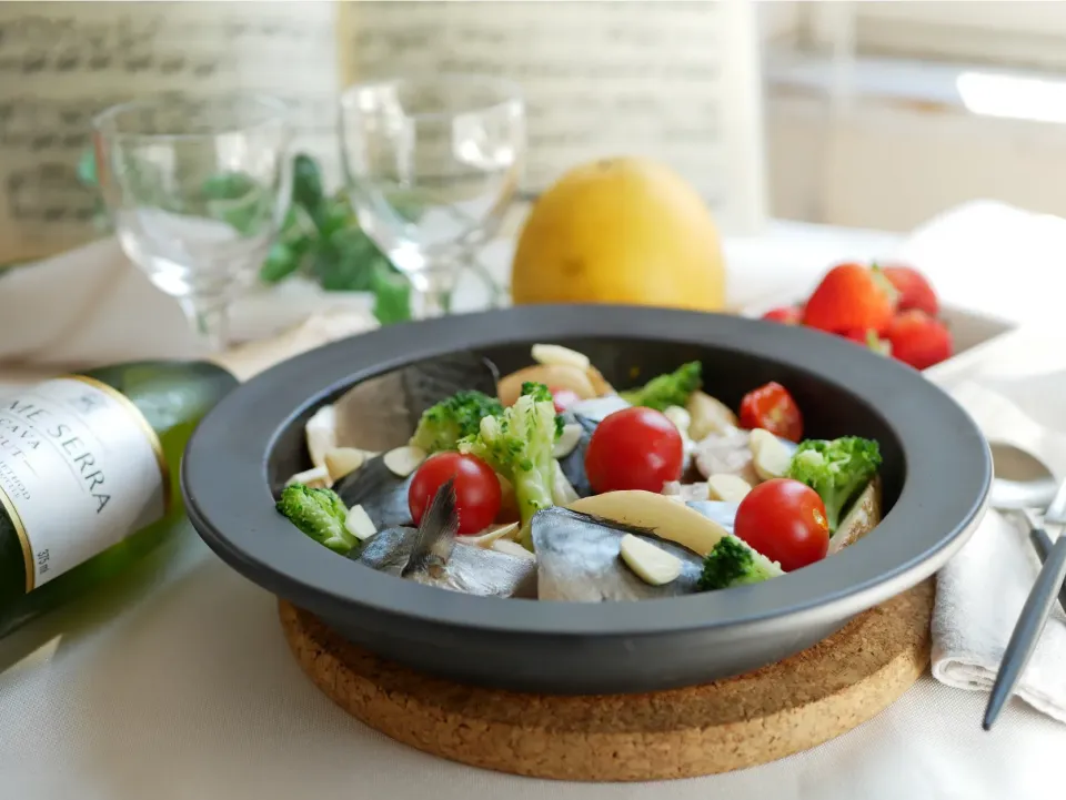 塩サバと野菜をレンジレンジでチン|ふぁそらさん