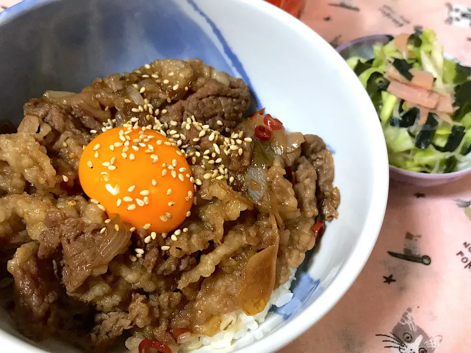 Snapdishの料理写真:新玉ねぎで牛丼 春キャベツの春雨サラダ|はるかさん