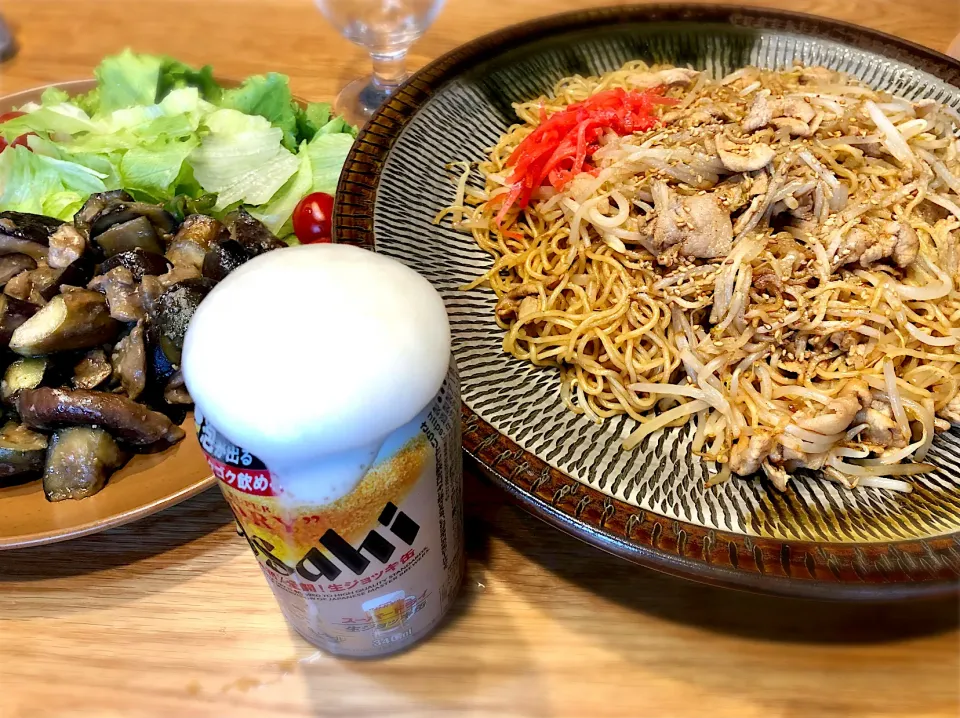 鶏と茄子と椎茸の味噌炒め　焼きそば|じゅんさんさん