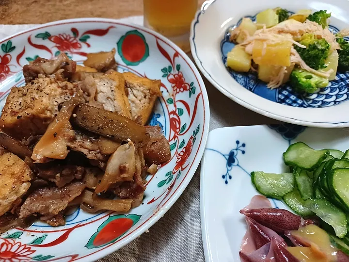 Snapdishの料理写真:ちぎり厚揚げと豚小間の和風炒めなど|ぱいんてーるさん