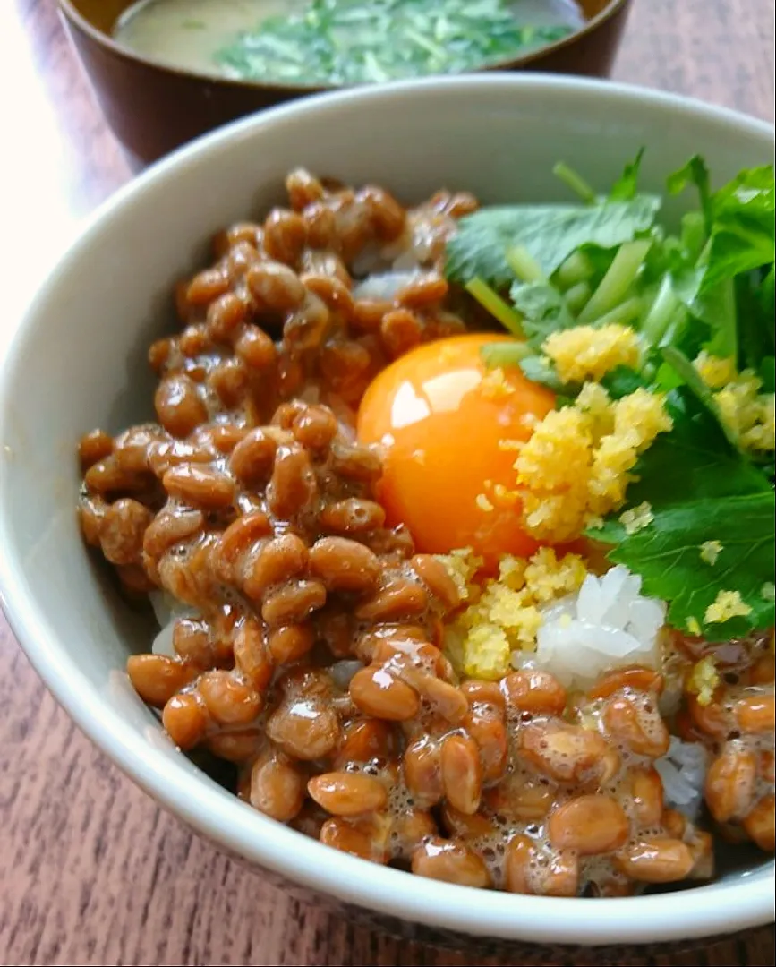 納豆卵かけご飯 柚子胡椒と三つ葉添え|とだともさん