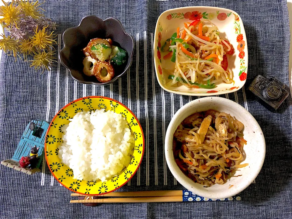 Snapdishの料理写真:✳︎切り干し大根の煮物✳︎ちくわときゅうりのマヨ醤油炒め✳︎鶏ひき肉ともやしの味噌炒め|syamさん