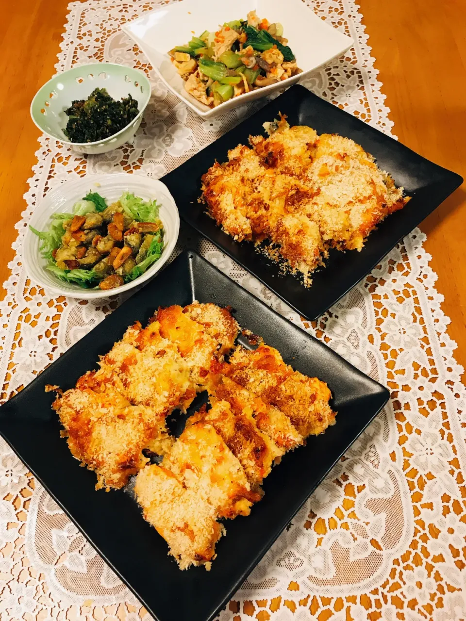 ♡今夜の夕飯は〜♡鶏胸肉のオーブン焼き､青梗菜の〜色々な野菜炒め♡牡蠣のガーリック炒め♡大根菜の甘辛煮炒め♡令和3年4月14日水曜日♡|♡Fille√chie♡さん