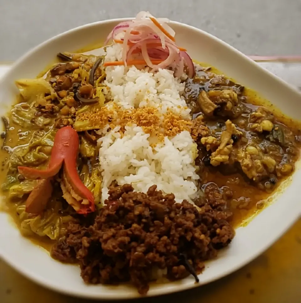 春キャベツのミックスダルーカレーと牛ホルモンカレーのあいがけカレーwithタコさんウインナー🐙|ふじわらたくやさん