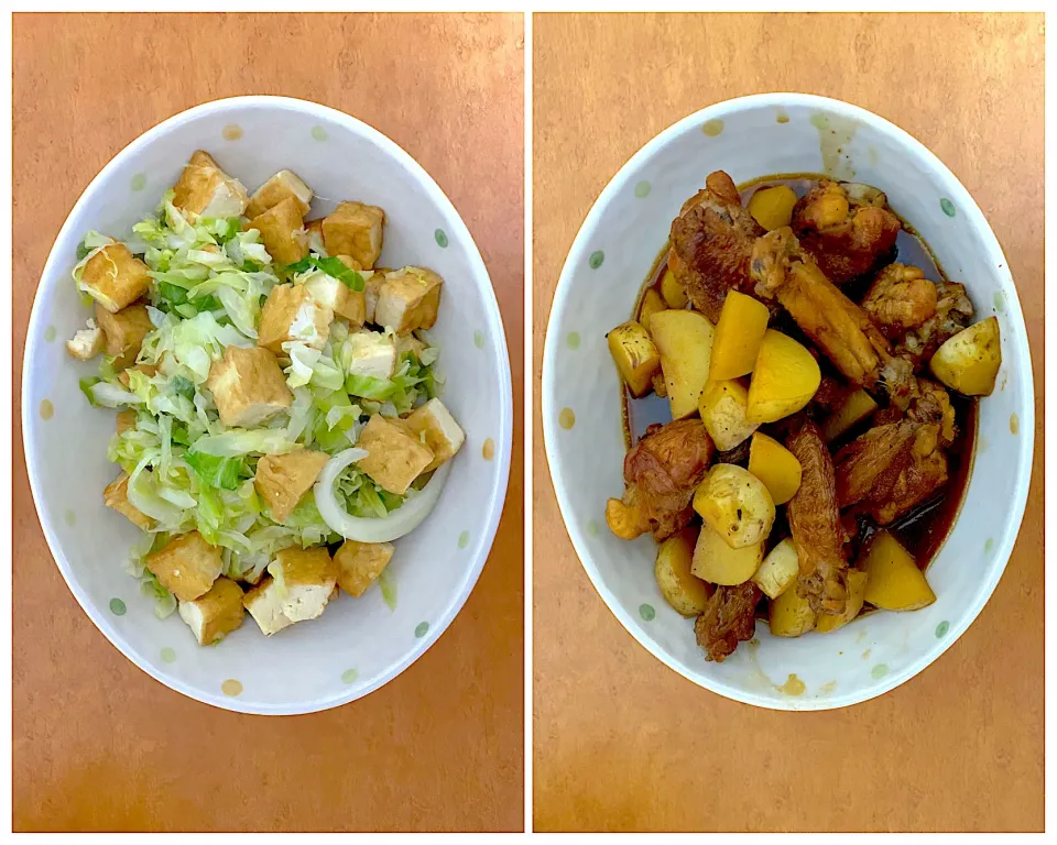 Iftar for the 3rd day of Ramadhan: fried chicken with potato in souyu sauce and atsuage with cabbages fried lightly, bismillah, itadakimasu|MI 「いどりす」さん