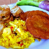 Snapdishの料理写真:Seafood Rice, Fried Eggplant and "Bacalaitos"|Miguel Ángelさん